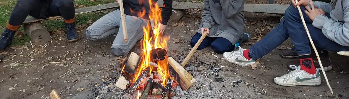 Kinder sitzen im Kreis um ein Lagerfeuer im Herbstwald und kochen über der Glut.