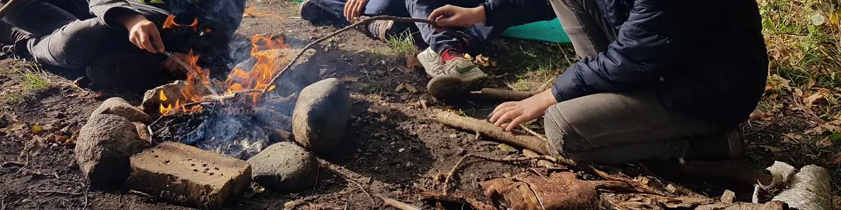 Kinder schüren mit Stöcken ein kleines Lagerfeuer im Wald.