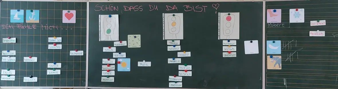 Eine Tafel mit Gefühlskarten und Ampel-Schema, dazu der Satz: Schön, dass du da bist.