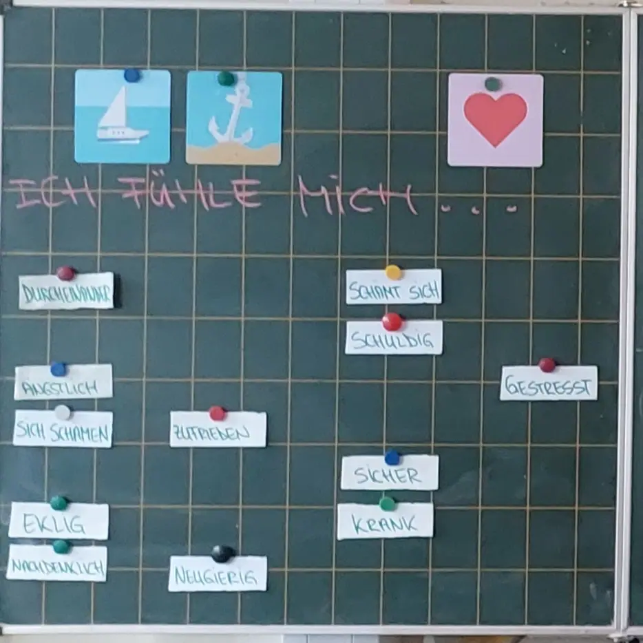 Tafelausschnitt: „Ich fühle mich ...“ mit Gefühlswort-Karten.